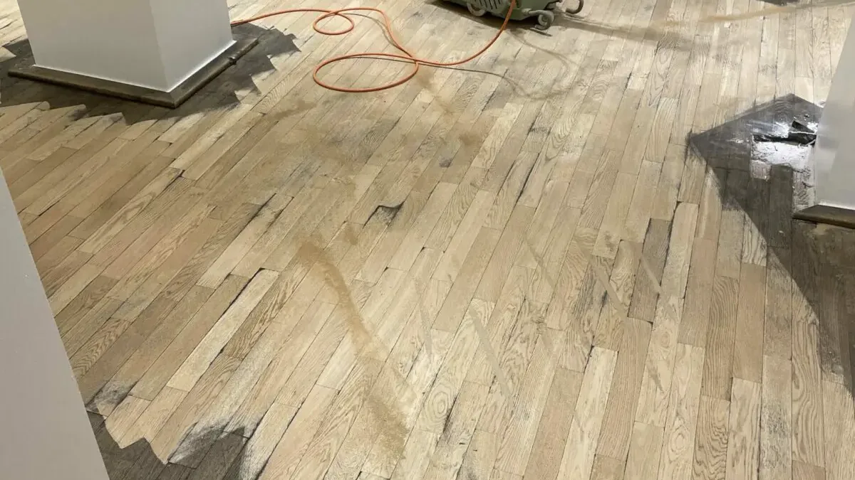 Schleifmaschine auf einem halb geschliffenen Holzboden